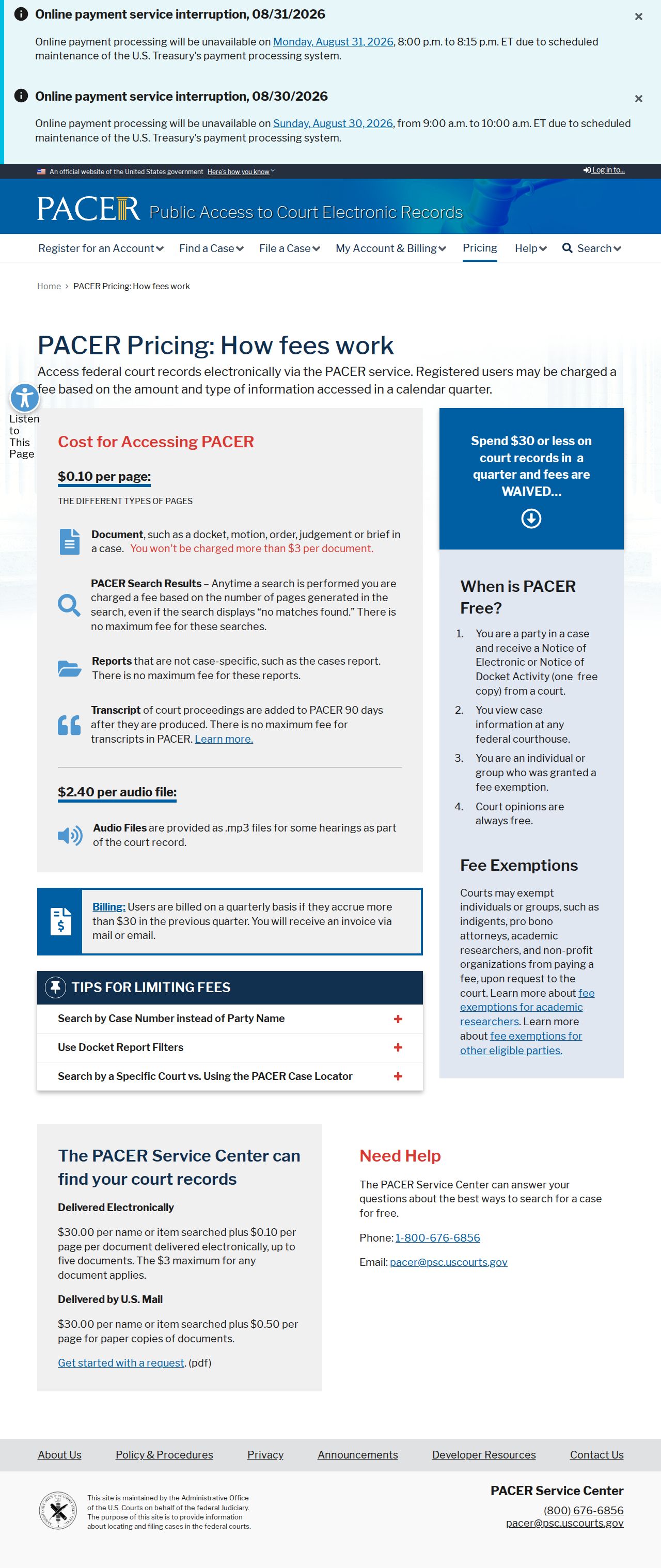 Blaine County case search PACER pricing information